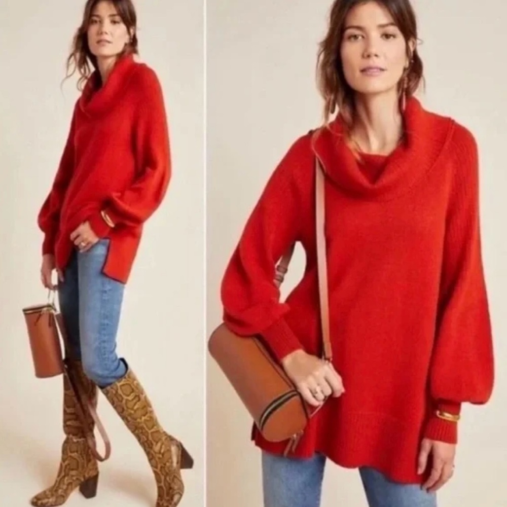 Anthropologie Vibrant Rust Cowl Neck Sweater